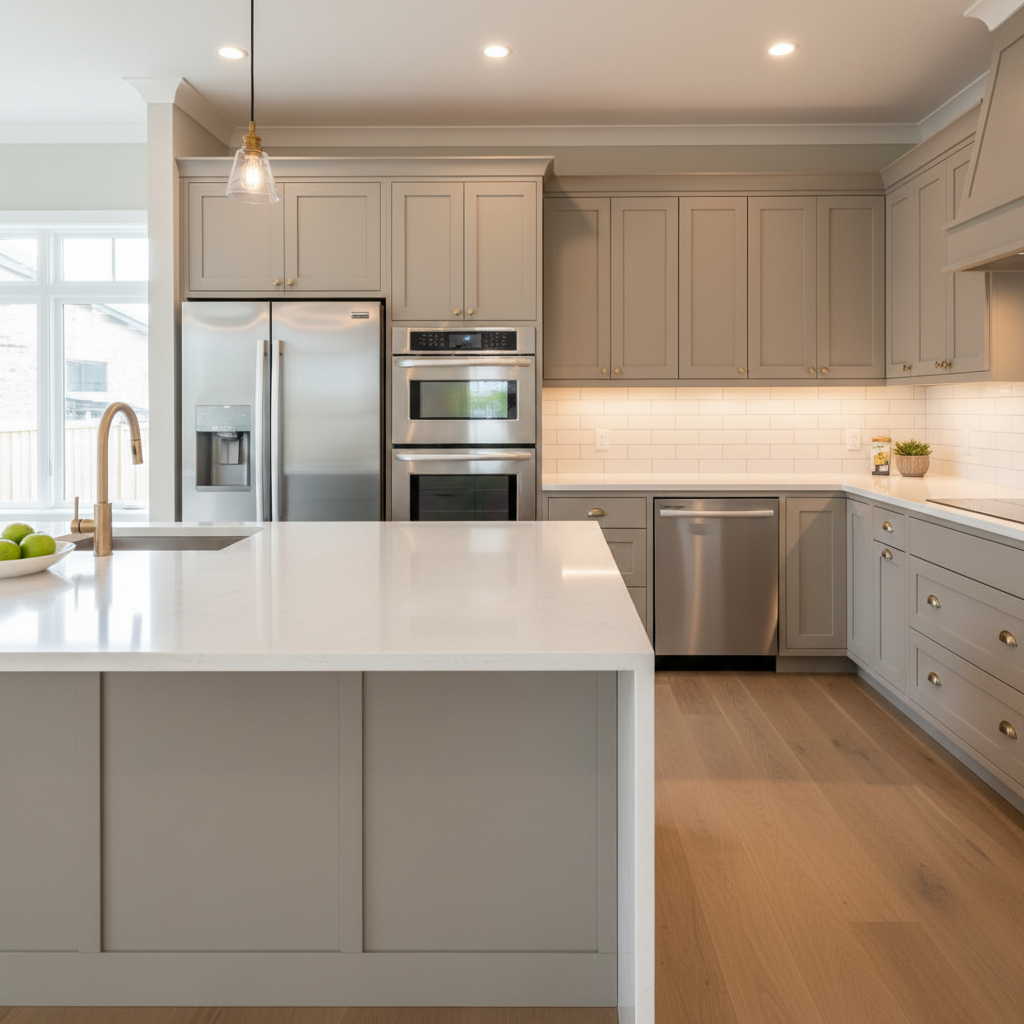 A newly remodeled kitchen featuring custom-built shaker-style cabinetry in a soft warm gray, topped with polished white quartz countertops that subtly reflect the overhead light. A large center island with a waterfall edge anchors the space, while a full-height white subway tile backsplash with carefully aligned grout lines adds texture. Under-cabinet LED lighting casts an even, warm glow over the counters, complementing the natural daylight streaming in from a nearby window, which creates soft highlights on stainless steel appliances. The image is photographed at eye level with a wide-angle lens, capturing the full room while keeping straight, vertical lines. The atmosphere is clean, professional, and inviting, with photographic realism and crisp detail that showcase high-end renovation work for a portfolio gallery.