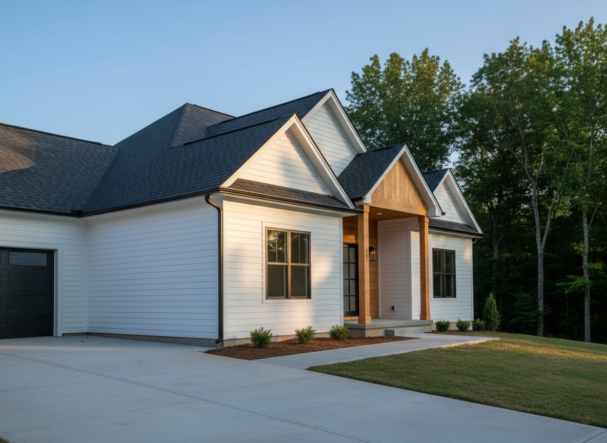 A newly completed custom home exterior with crisp white fiber-cement siding, dark charcoal architectural shingles, and warm natural cedar accents around the entryway. The house sits on a neatly graded lot with fresh concrete driveway and clean edges along the walkway. Late afternoon natural light casts soft, warm highlights on the siding, emphasizing straight lines and precise craftsmanship, while subtle shadows define the rooflines and trim. Captured at eye level from the street with a slight three-quarter angle, the composition uses the rule of thirds to balance the structure against a softly blurred backdrop of mature trees. The photographic realism emphasizes solidity, durability, and professional construction, creating a calm, confident, and trustworthy mood ideal for a construction portfolio homepage hero image.