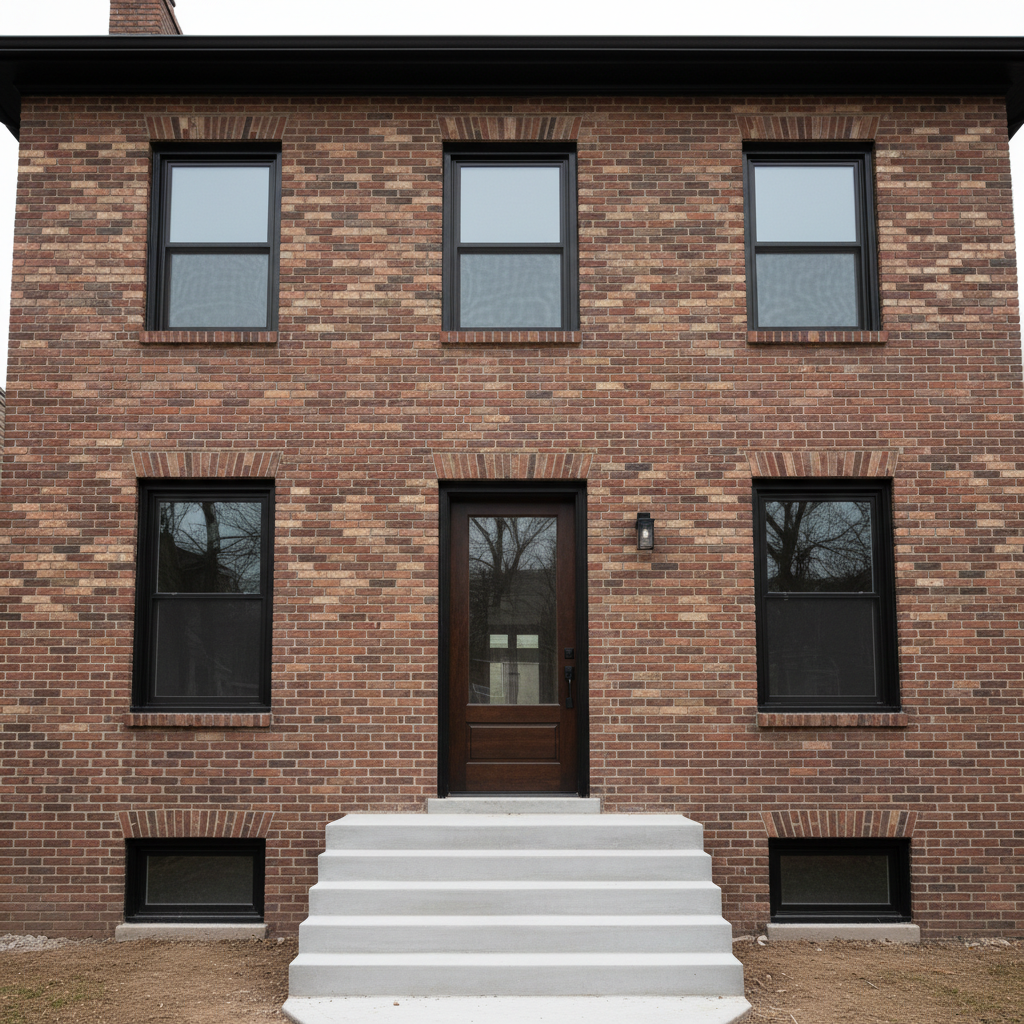 An exterior restoration project on a classic two-story brick home, showing a freshly tuckpointed facade with clean, uniform mortar joints between rich red and brown bricks. New, historically accurate wood trim around the windows is painted in a deep, satin black that contrasts with the masonry. A newly rebuilt front stoop with smooth concrete steps and precise edges leads to a solid wood front door with a clear protective finish, revealing the natural grain. Overcast daylight provides soft, diffused lighting that minimizes harsh shadows, allowing every texture—from brick to wood to concrete—to appear clearly. Photographed from a slightly low angle to emphasize the home’s stature, the composition is balanced and symmetrical. The realistic style conveys durability, respect for original character, and professional restoration expertise.