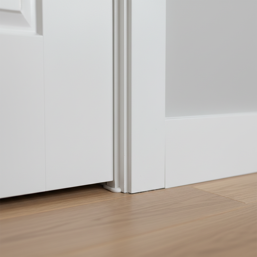 A detailed close-up of a perfectly cut and aligned miter joint where a custom-built white shaker-style baseboard meets a door casing, both with a smooth satin finish. The fine grain of the primed wood subtly shows through the paint, and a narrow bead of flawless caulk creates a seamless transition along the edge. Soft, directional studio-style lighting from the left creates gentle highlights on the crisp profiles and casts a delicate shadow that accentuates the sharp lines. Captured with a shallow depth of field at a low angle, the background fades into a soft blur of freshly painted wall and floor, emphasizing craftsmanship. The photographic realism and minimalist composition convey meticulous attention to detail, ideal for illustrating quality trim work and finish carpentry on a construction portfolio site.